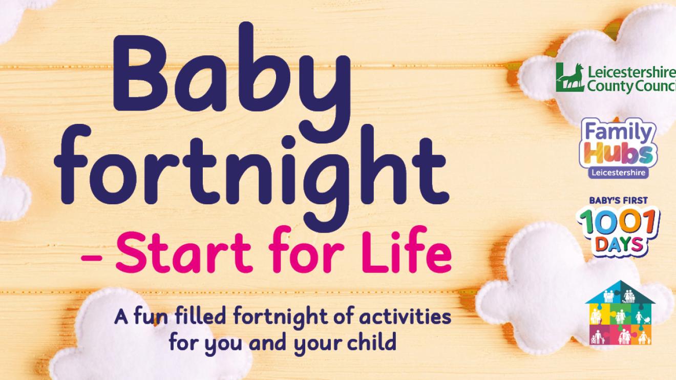 Graphic on a backdrop of wooden slats with felt clouds advertising Baby Fortnight 