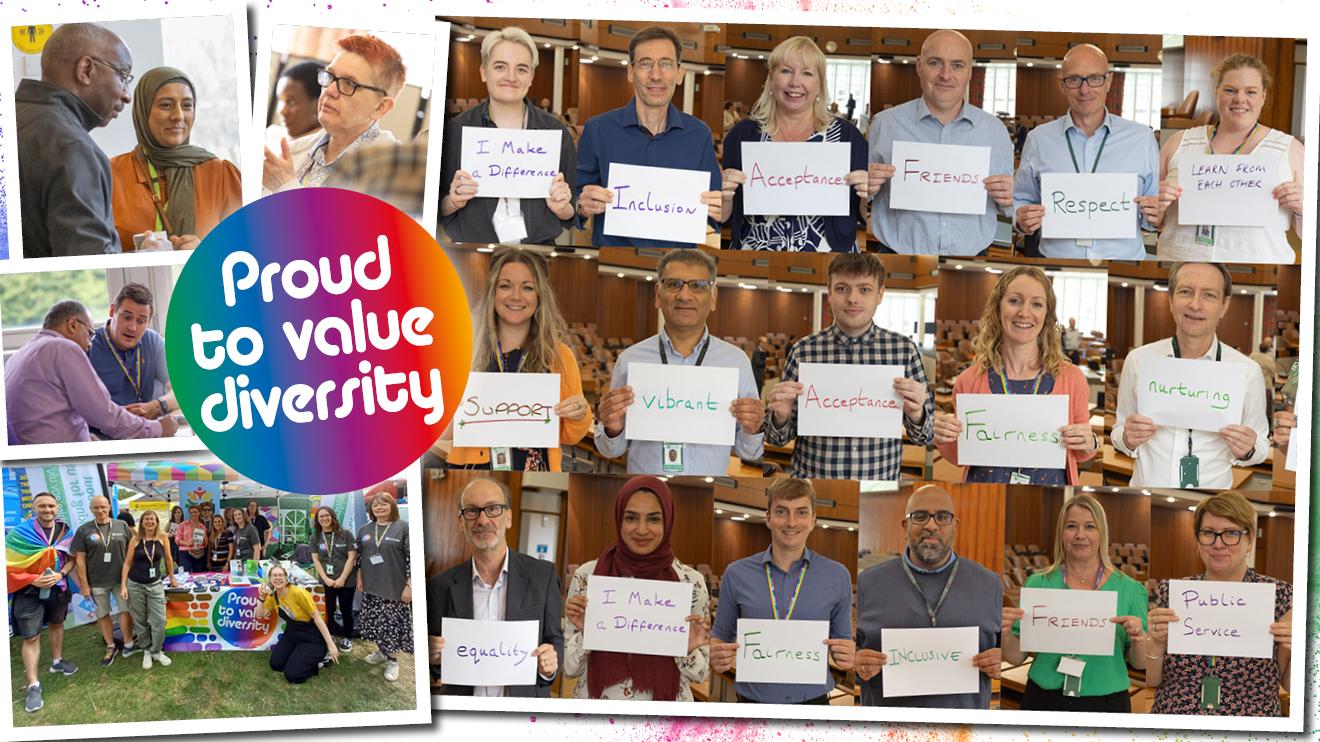 Leicestershire County Council staff holding up different cards to support inclusivity