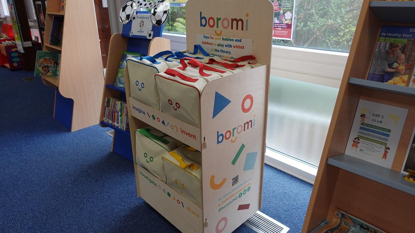 Boromi stand with bags at a Leicestershire library