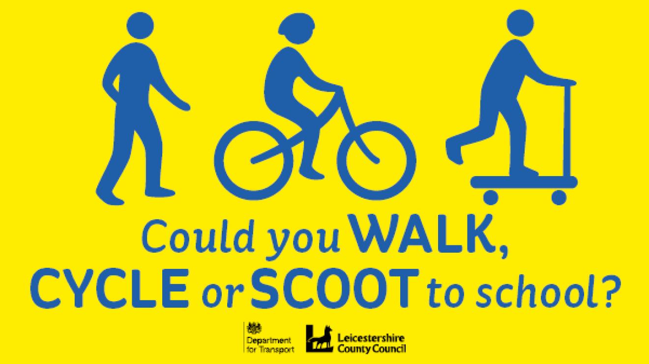 cartoon image encouraging people to walk, cycle, or schooter to school
