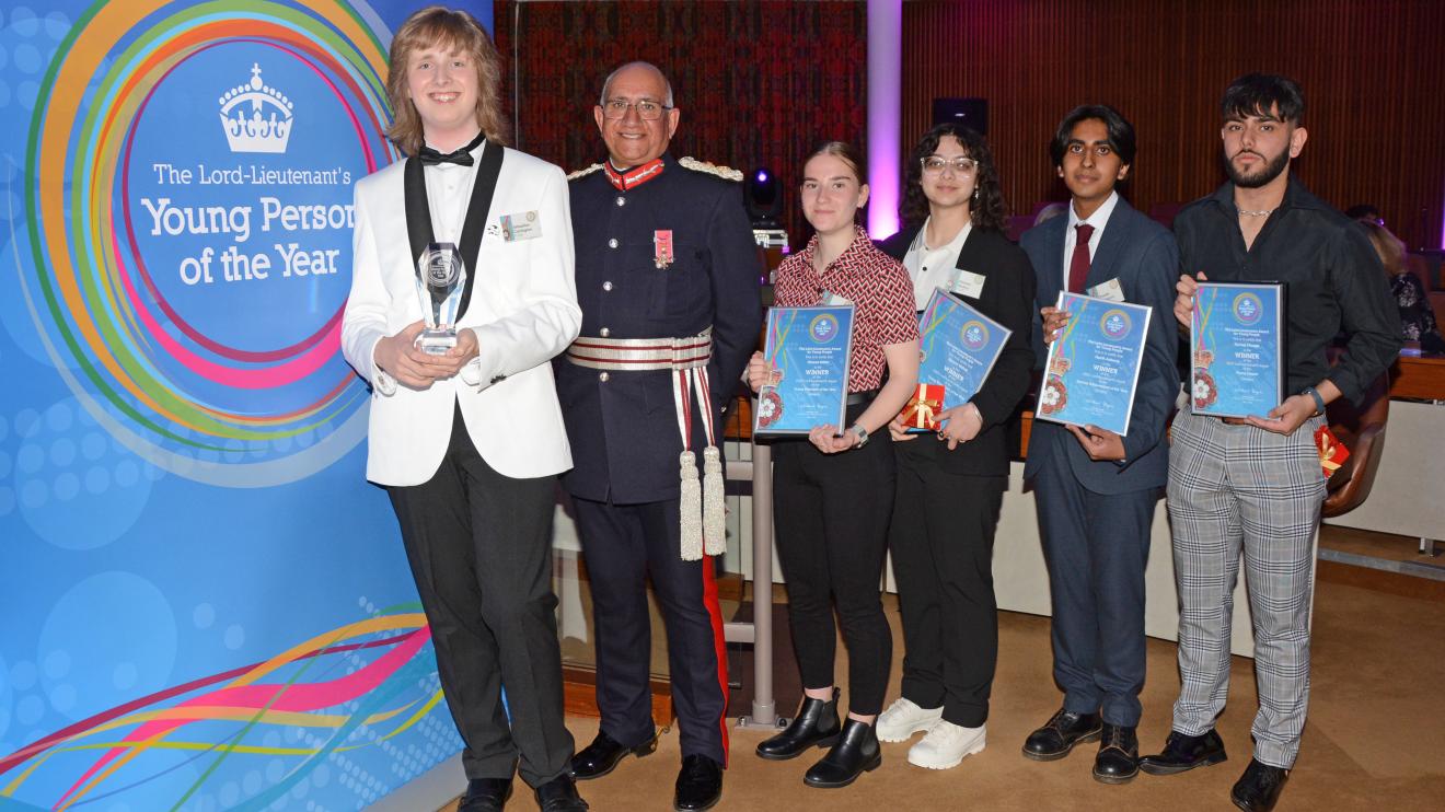 Five winners receive their Young Person of the Year awards from Leicestershire's Lord Lieutenant Mike Kapur