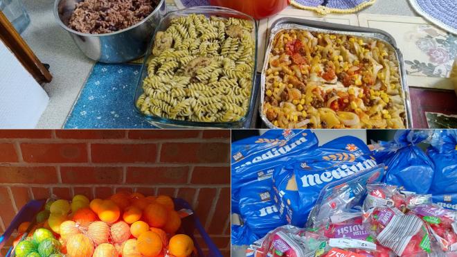 A spread of food including bread, fruit and pasta 