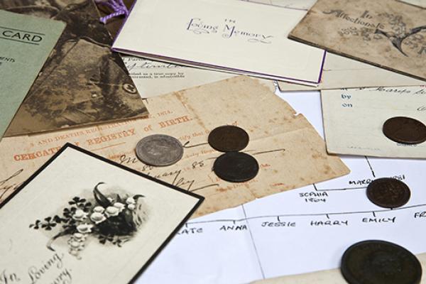 Scattered old documents and a family tree